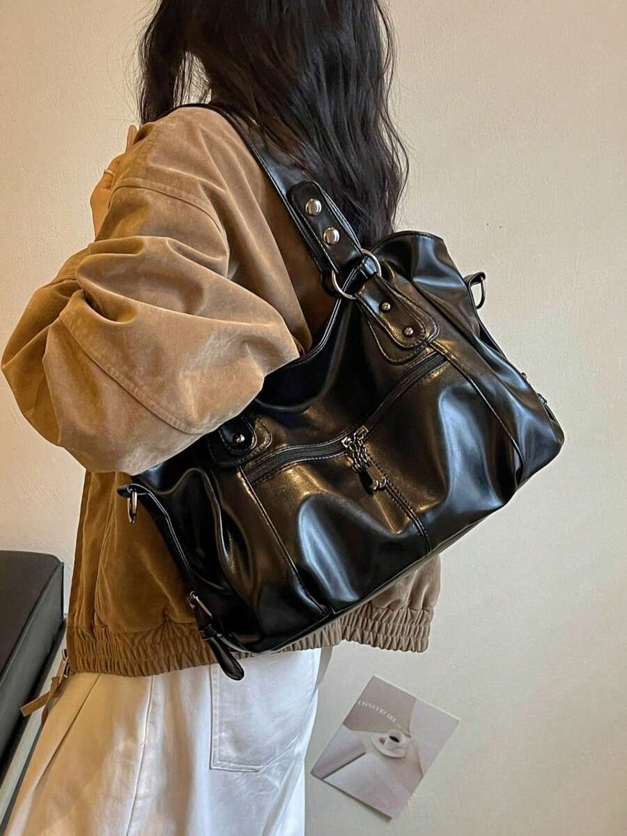 European And American Style Large Tote Bag, Soft Leather, Large Capacity, Shoulder, Crossbody, Women's Fashion Commuter Bag