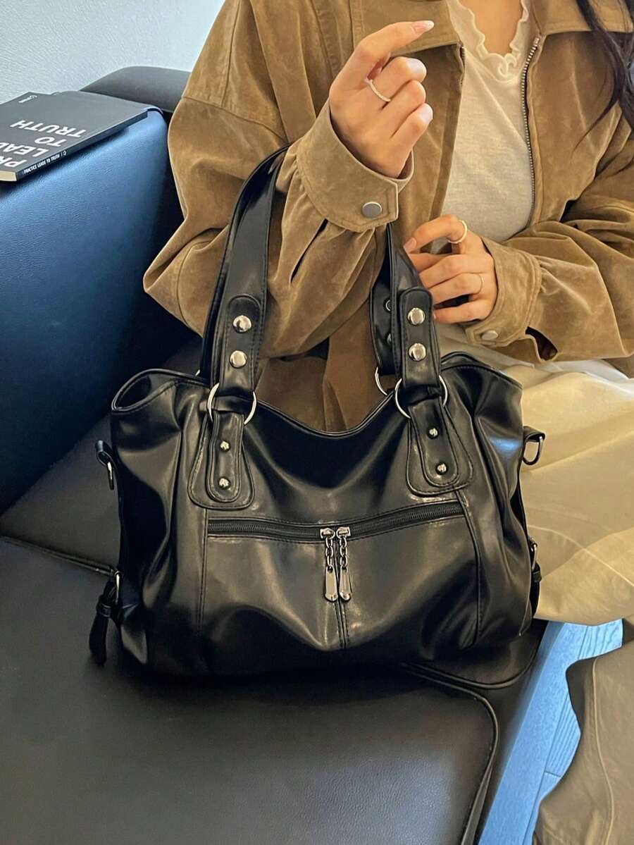 European And American Style Large Tote Bag, Soft Leather, Large Capacity, Shoulder, Crossbody, Women's Fashion Commuter Bag