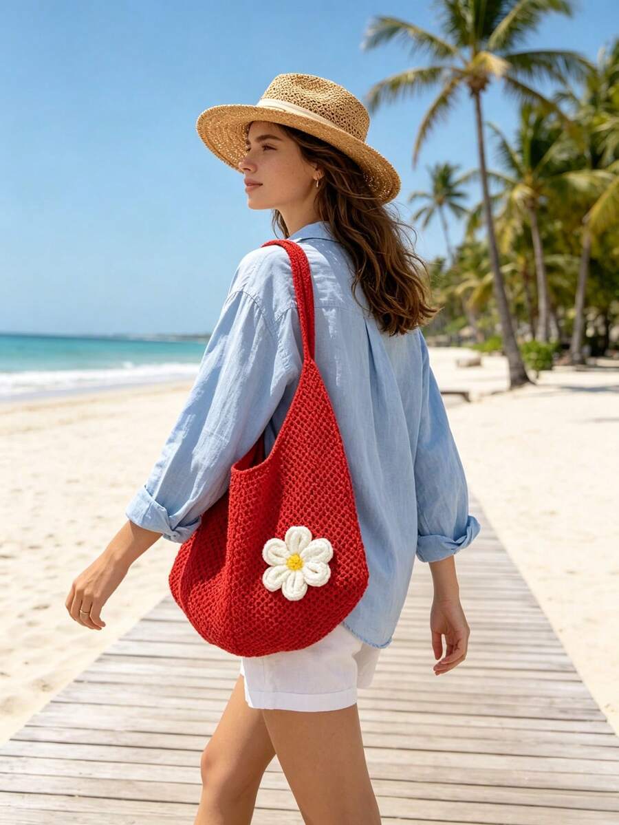 Hollow Woven Straw Bag, Bohemian Style Beach Tote Bag, Hollow Tote Bag, Large Capacity Shopping Beach Bag, Fashion Hollow Woven Straw Bag