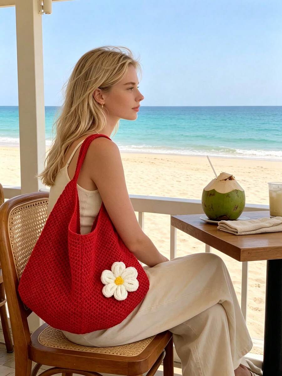 Hollow Woven Straw Bag, Bohemian Style Beach Tote Bag, Hollow Tote Bag, Large Capacity Shopping Beach Bag, Fashion Hollow Woven Straw Bag