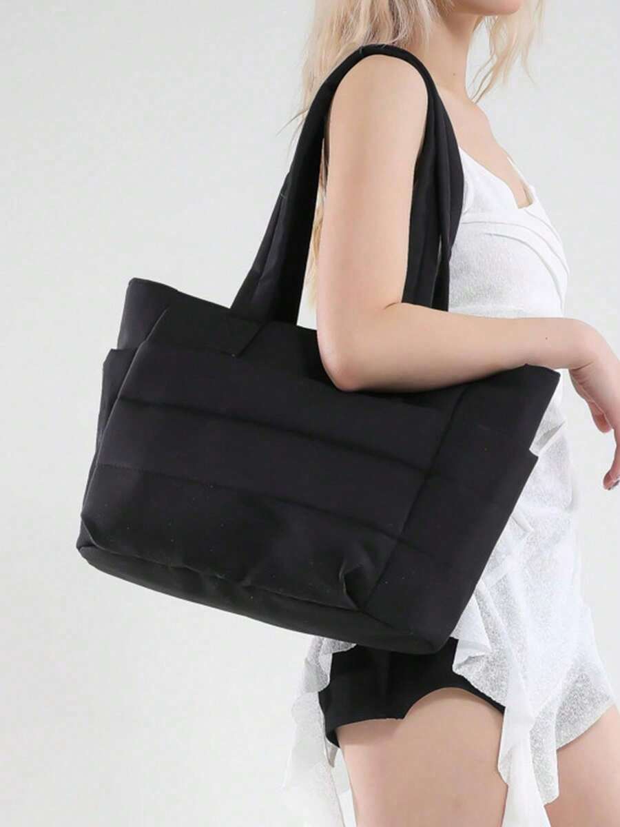 Black Padded Quilted Large Capacity Travel Tote Purse For Women,Multi Pocket Bag,Versatile Bag For Summer Vacation Casual Outdoor Trips