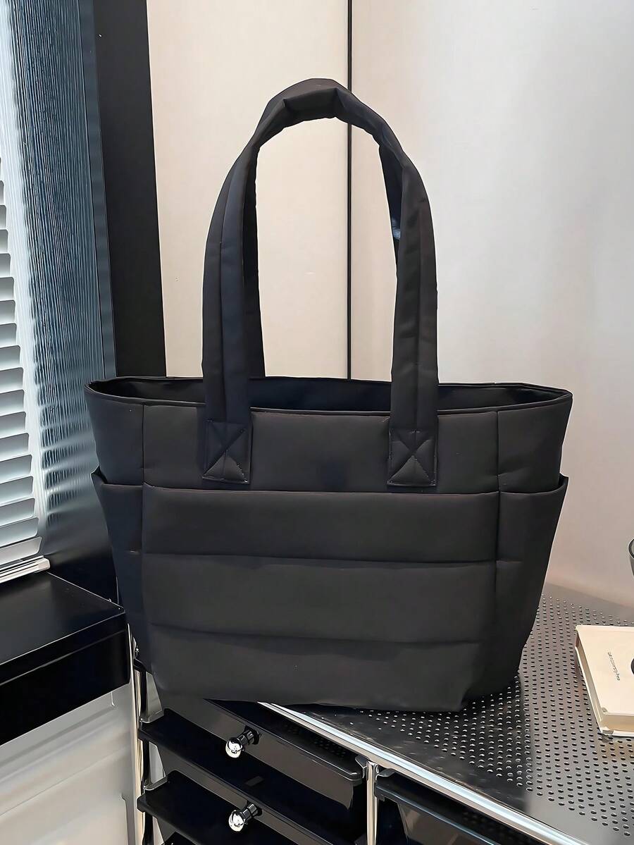 Black Padded Quilted Large Capacity Travel Tote Purse For Women,Multi Pocket Bag,Versatile Bag For Summer Vacation Casual Outdoor Trips