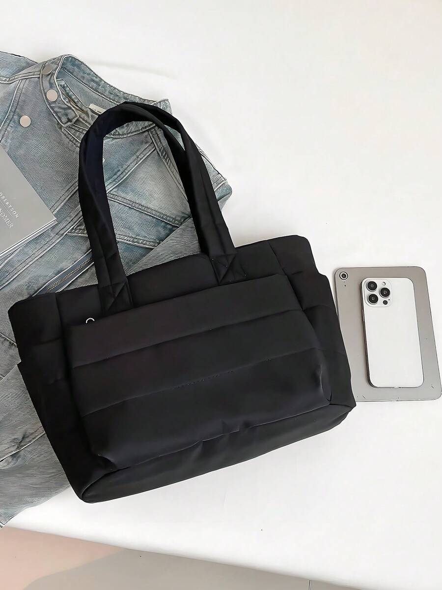Black Padded Quilted Large Capacity Travel Tote Purse For Women,Multi Pocket Bag,Versatile Bag For Summer Vacation Casual Outdoor Trips