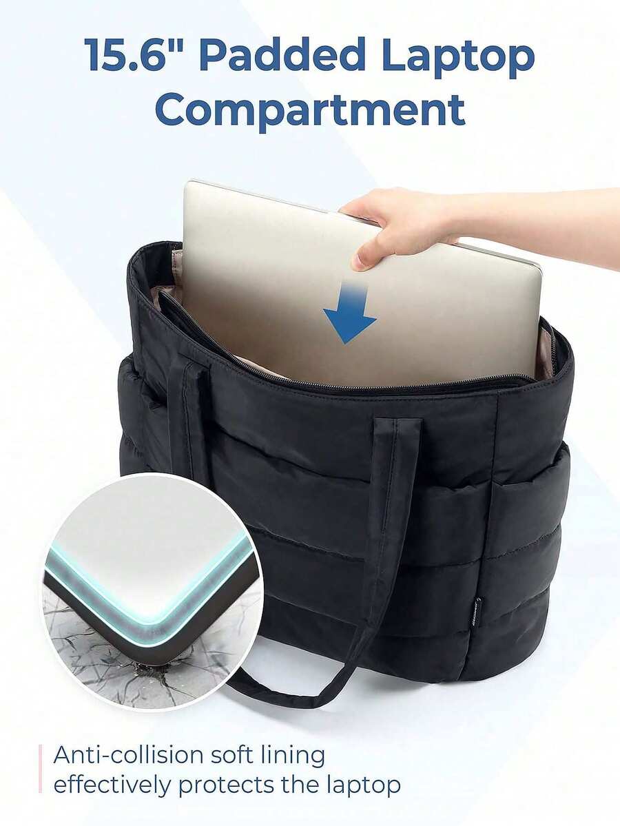 Black Padded Quilted Large Capacity Travel Tote Purse For Women,Multi Pocket Bag,Versatile Bag For Summer Vacation Casual Outdoor Trips