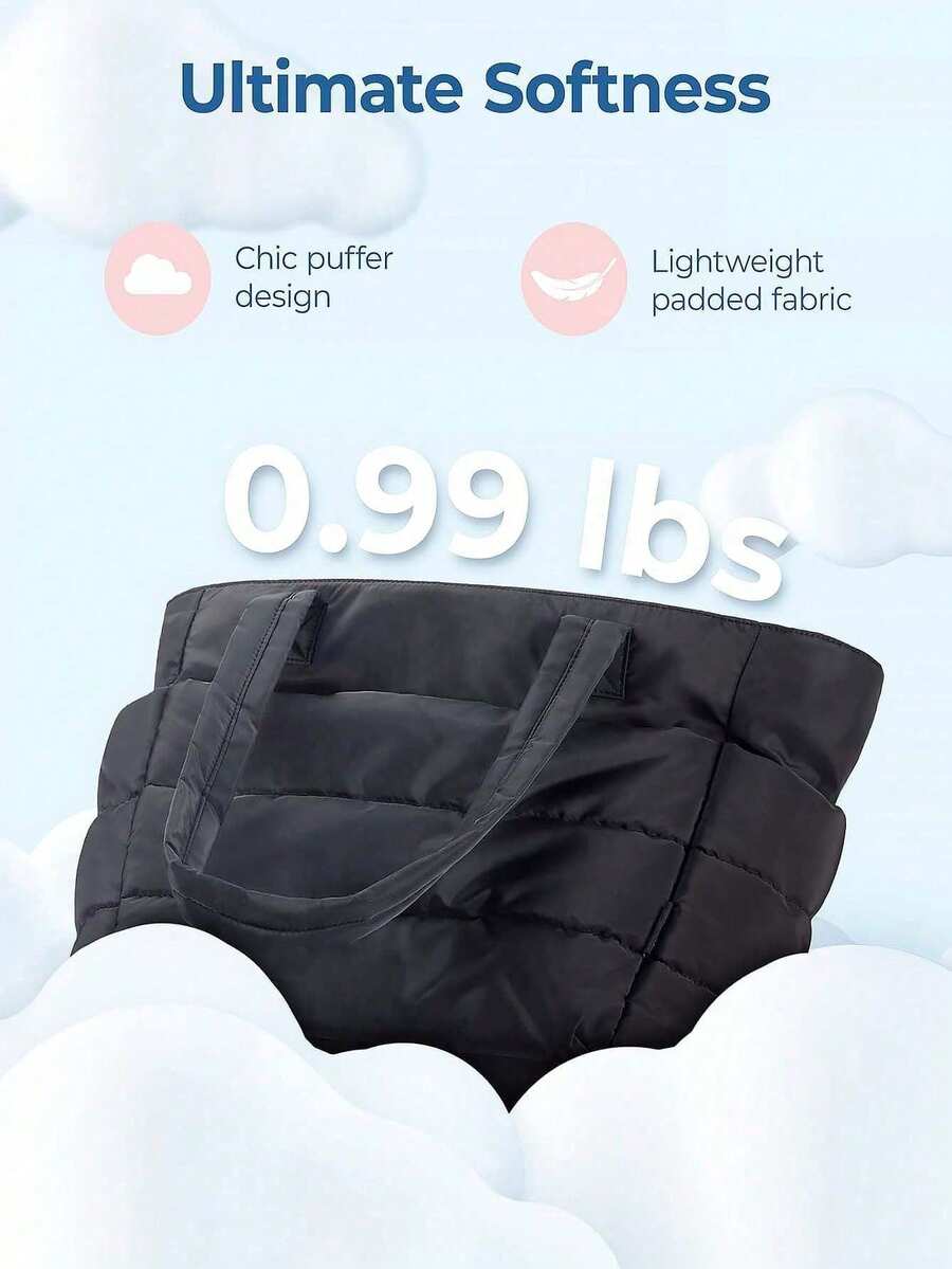 Black Padded Quilted Large Capacity Travel Tote Purse For Women,Multi Pocket Bag,Versatile Bag For Summer Vacation Casual Outdoor Trips