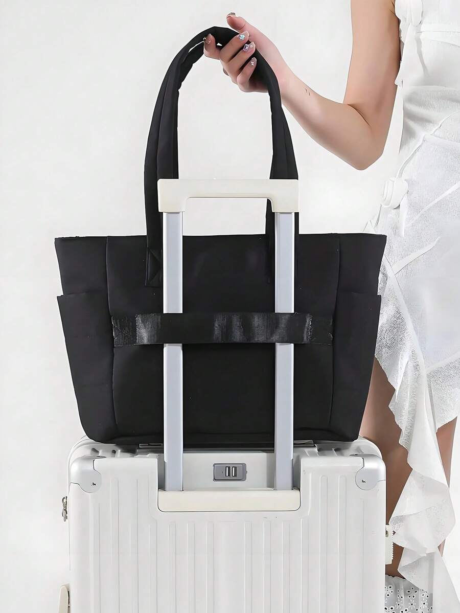 Black Padded Quilted Large Capacity Travel Tote Purse For Women,Multi Pocket Bag,Versatile Bag For Summer Vacation Casual Outdoor Trips