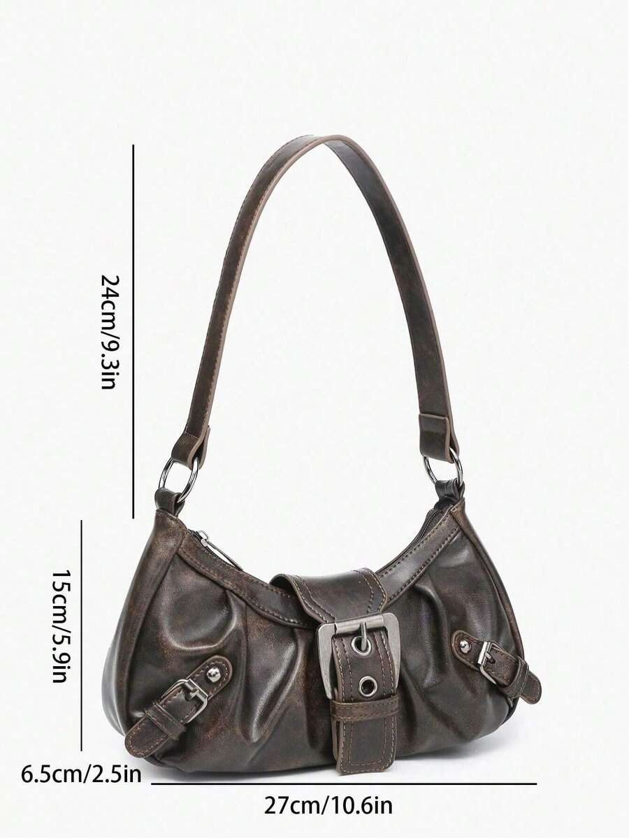 Dark Grey Distressed Ruched Buckle Purse For Women,PU Shoulder Tote Bag, Grunge Ladies Bags For Summer Beach Street Date Casual Outfits
