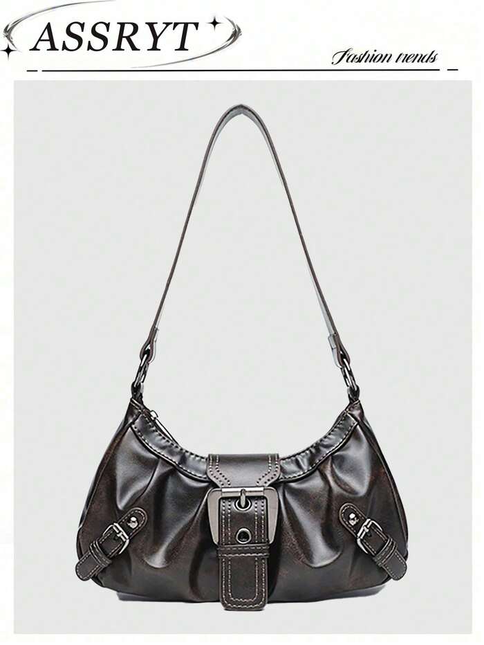 Dark Grey Distressed Ruched Buckle Purse For Women, PU Shoulder Tote Bag