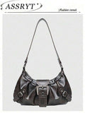 Dark Grey Distressed Ruched Buckle Purse For Women, PU Shoulder Tote Bag