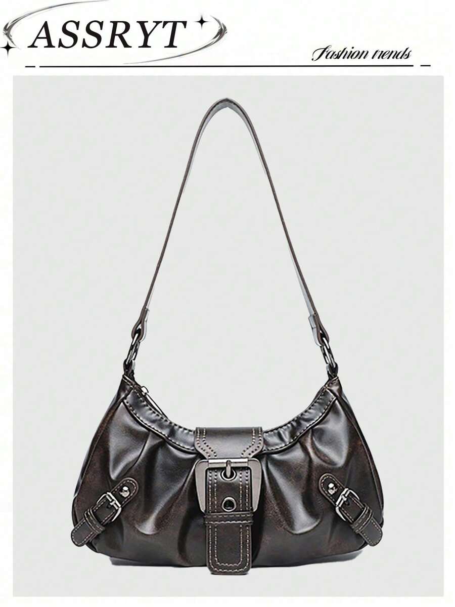 Dark Grey Distressed Ruched Buckle Purse For Women,PU Shoulder Tote Bag, Grunge Ladies Bags For Summer Beach Street Date Casual Outfits