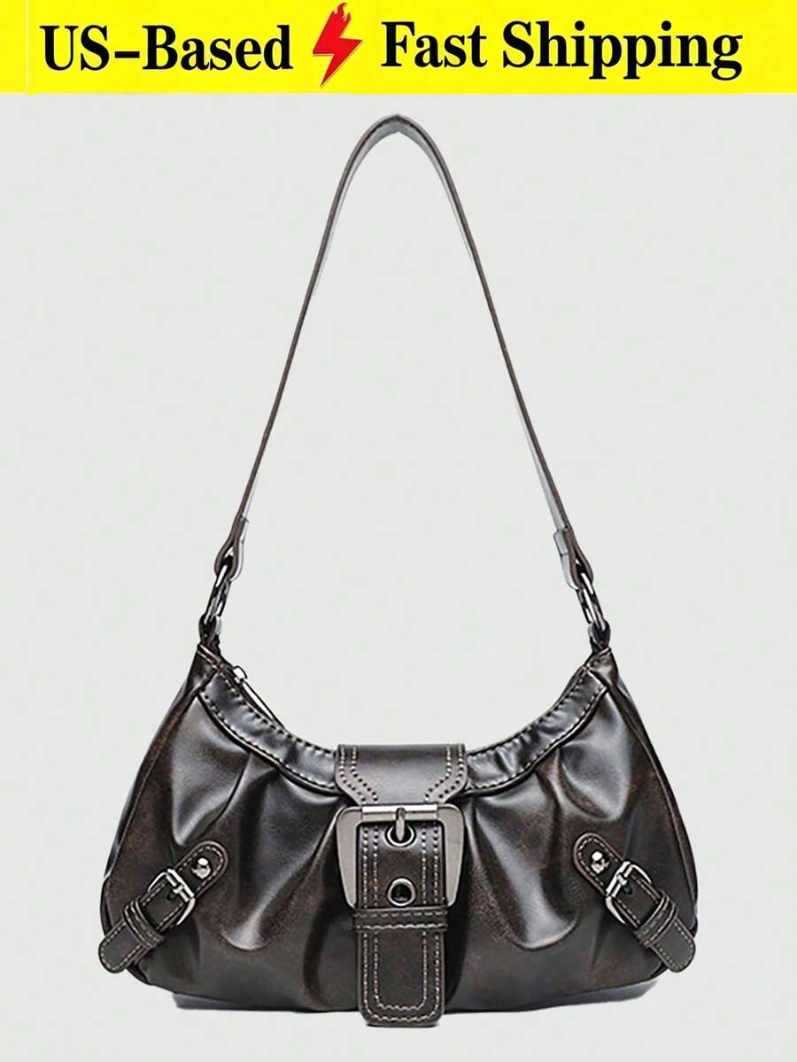 Dark Grey Distressed Ruched Buckle Purse For Women,PU Shoulder Tote Bag, Grunge Ladies Bags For Summer Beach Street Date Casual Outfits