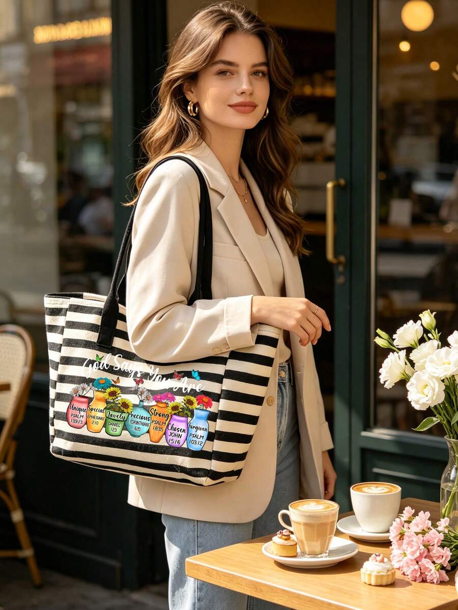"God Says You Are" Printed Black & White Striped Tote Bag, Blending Colorful Floral Patterns With Bible Verses; Inspirational Scripture Tote Bag, Faith-Themed Gift Bag, Versatile Casual Shoulder Bag
