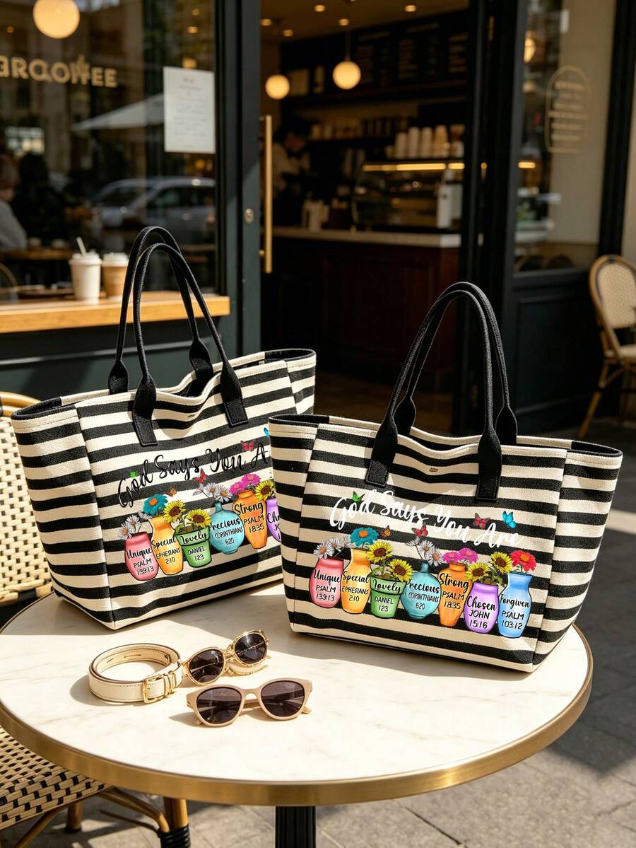 "God Says You Are" Printed Black & White Striped Tote Bag, Blending Colorful Floral Patterns With Bible Verses; Inspirational Scripture Tote Bag, Faith-Themed Gift Bag, Versatile Casual Shoulder Bag