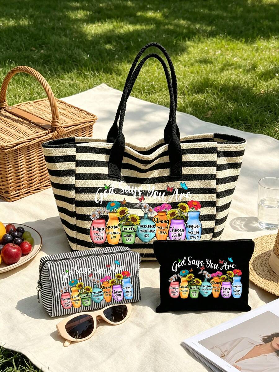 "God Says You Are" Printed Black & White Striped Tote Bag, Blending Colorful Floral Patterns With Bible Verses; Inspirational Scripture Tote Bag, Faith-Themed Gift Bag, Versatile Casual Shoulder Bag
