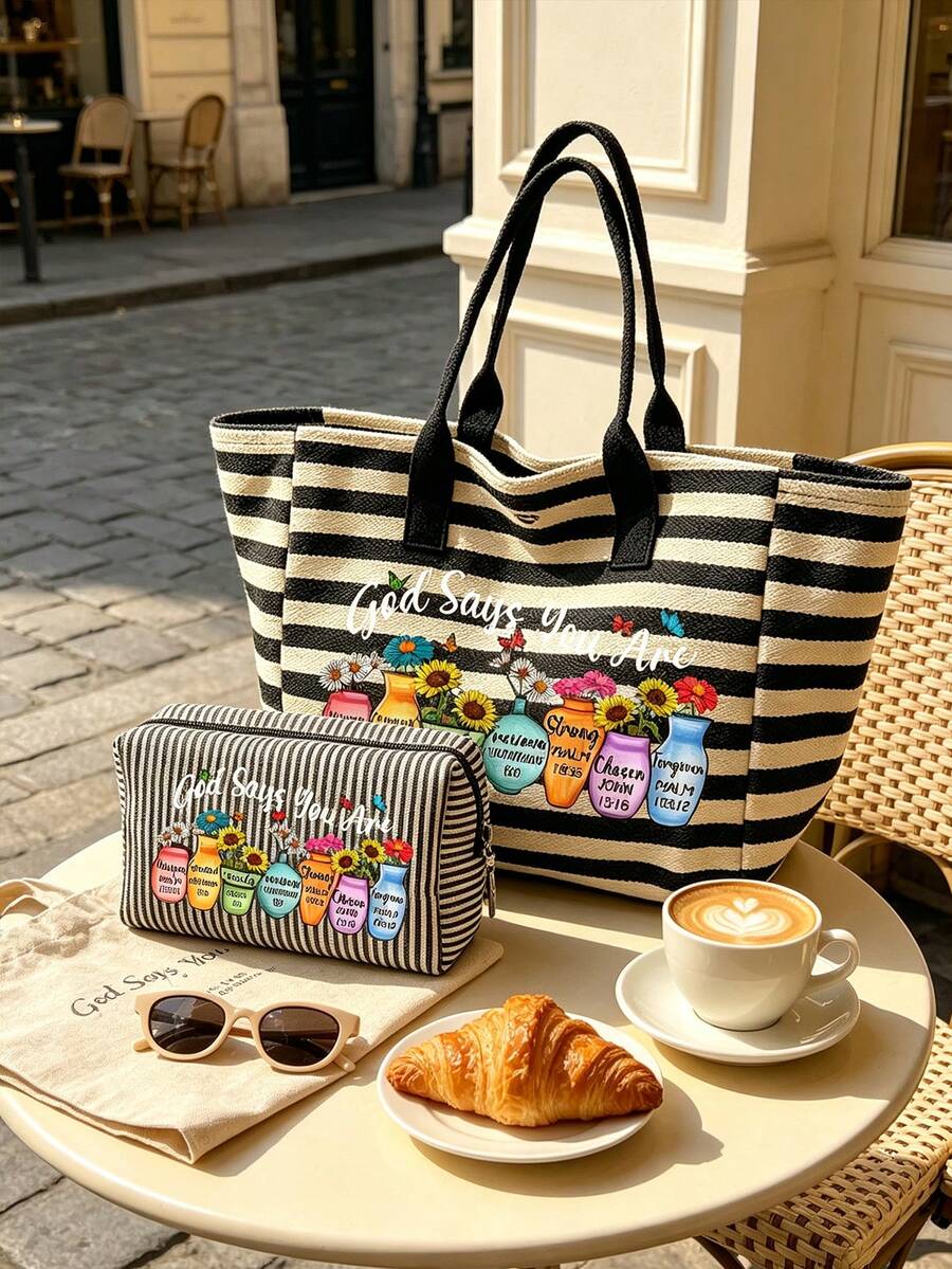 "God Says You Are" Printed Black & White Striped Tote Bag, Blending Colorful Floral Patterns With Bible Verses; Inspirational Scripture Tote Bag, Faith-Themed Gift Bag, Versatile Casual Shoulder Bag