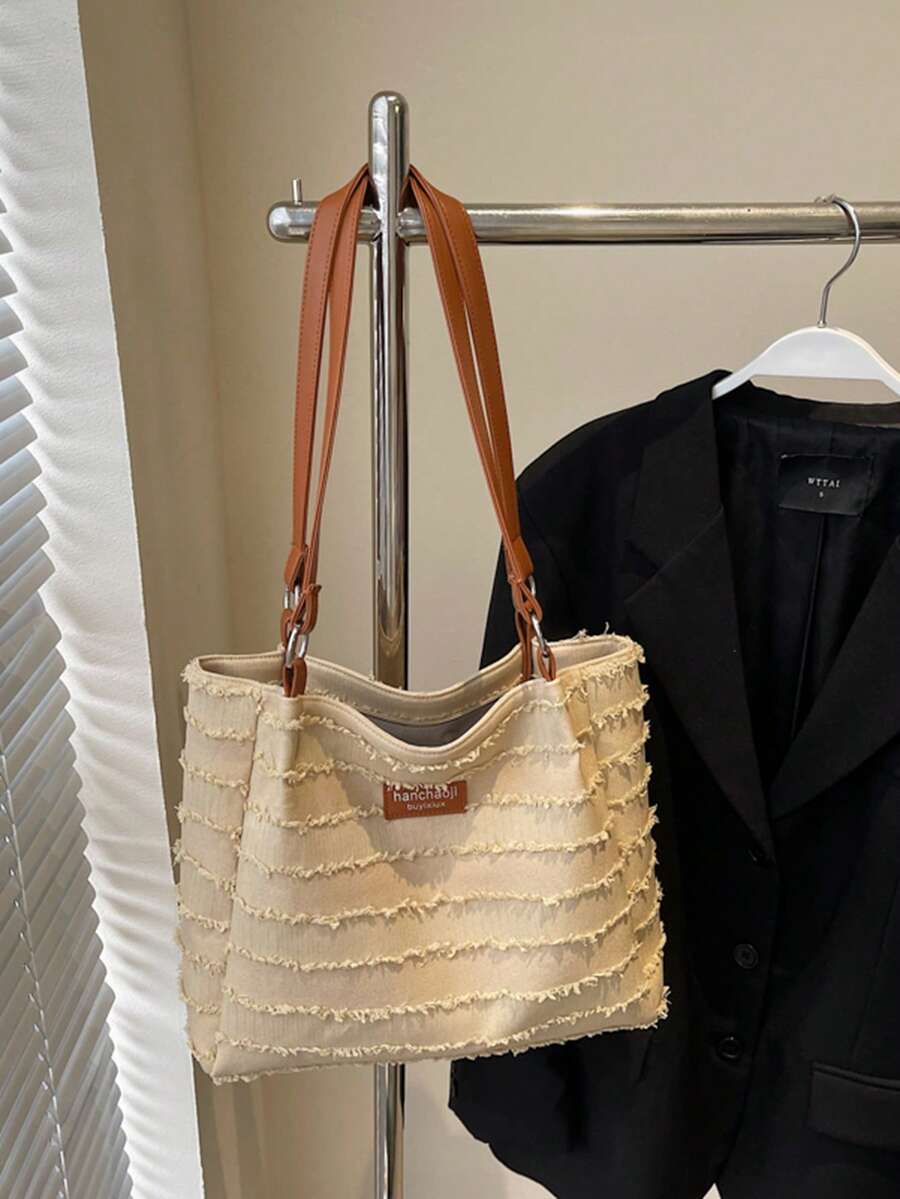 Niche Frayed Edge Canvas Commuter Versatile Large Capacity Women's New Fashion Minimalist College Student Shoulder Underarm Bag