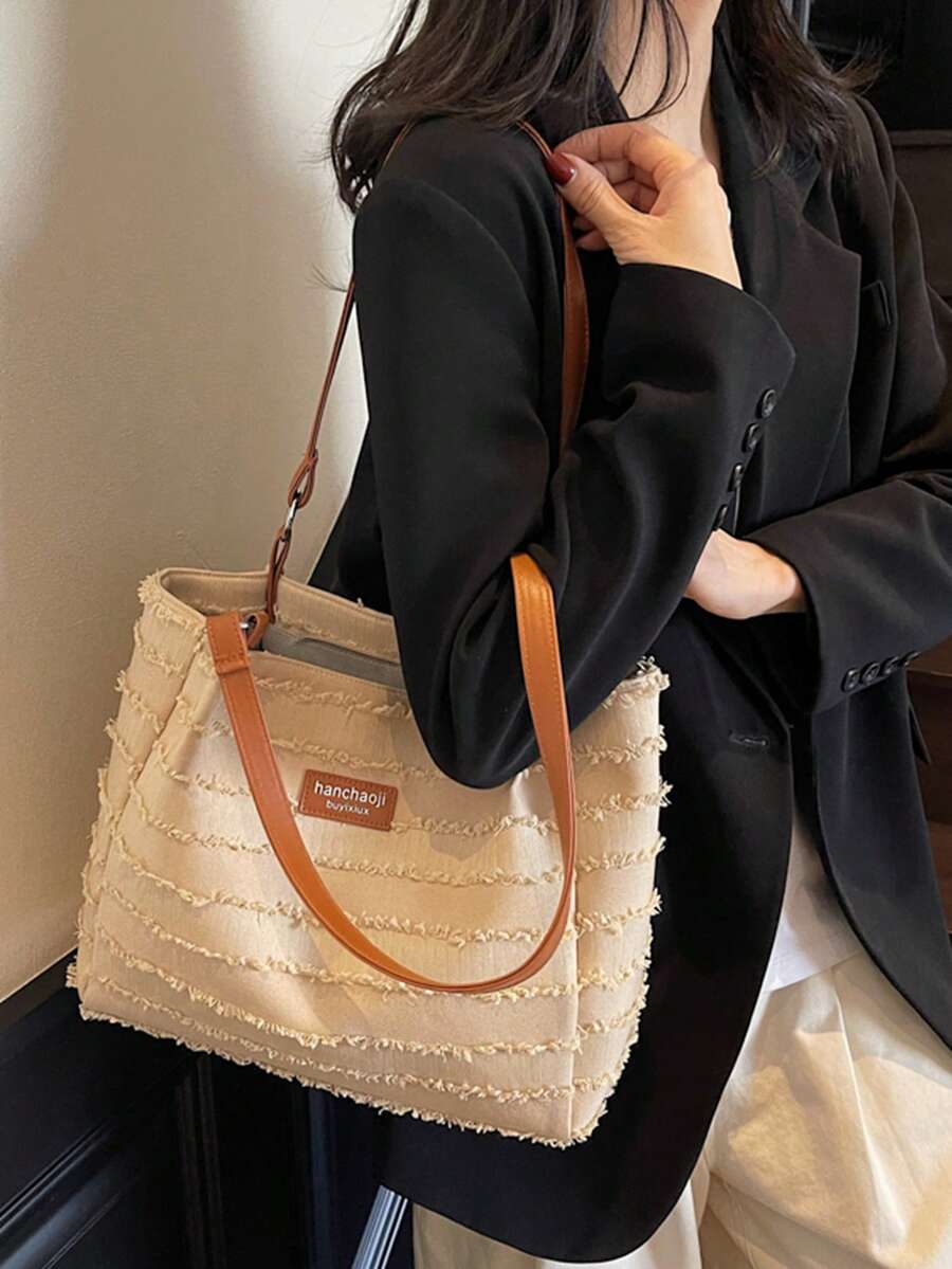 Niche Frayed Edge Canvas Commuter Versatile Large Capacity Women's New Fashion Minimalist College Student Shoulder Underarm Bag