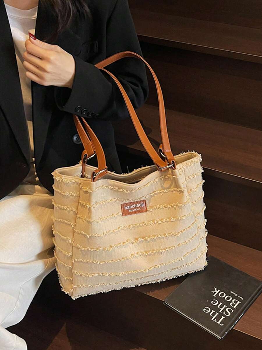 Niche Frayed Edge Canvas Commuter Versatile Large Capacity Women's New Fashion Minimalist College Student Shoulder Underarm Bag