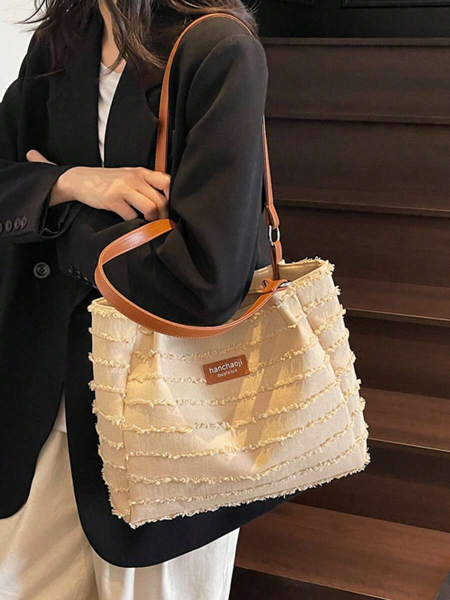 Niche Frayed Edge Canvas Commuter Versatile Large Capacity Women's New Fashion Minimalist College Student Shoulder Underarm Bag