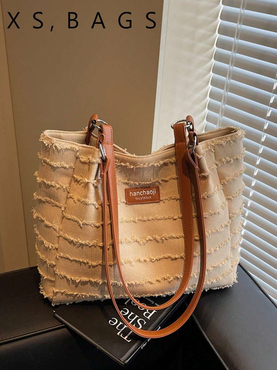 Niche Frayed Edge Canvas Commuter Versatile Large Capacity Women's New Fashion Minimalist College Student Shoulder Underarm Bag
