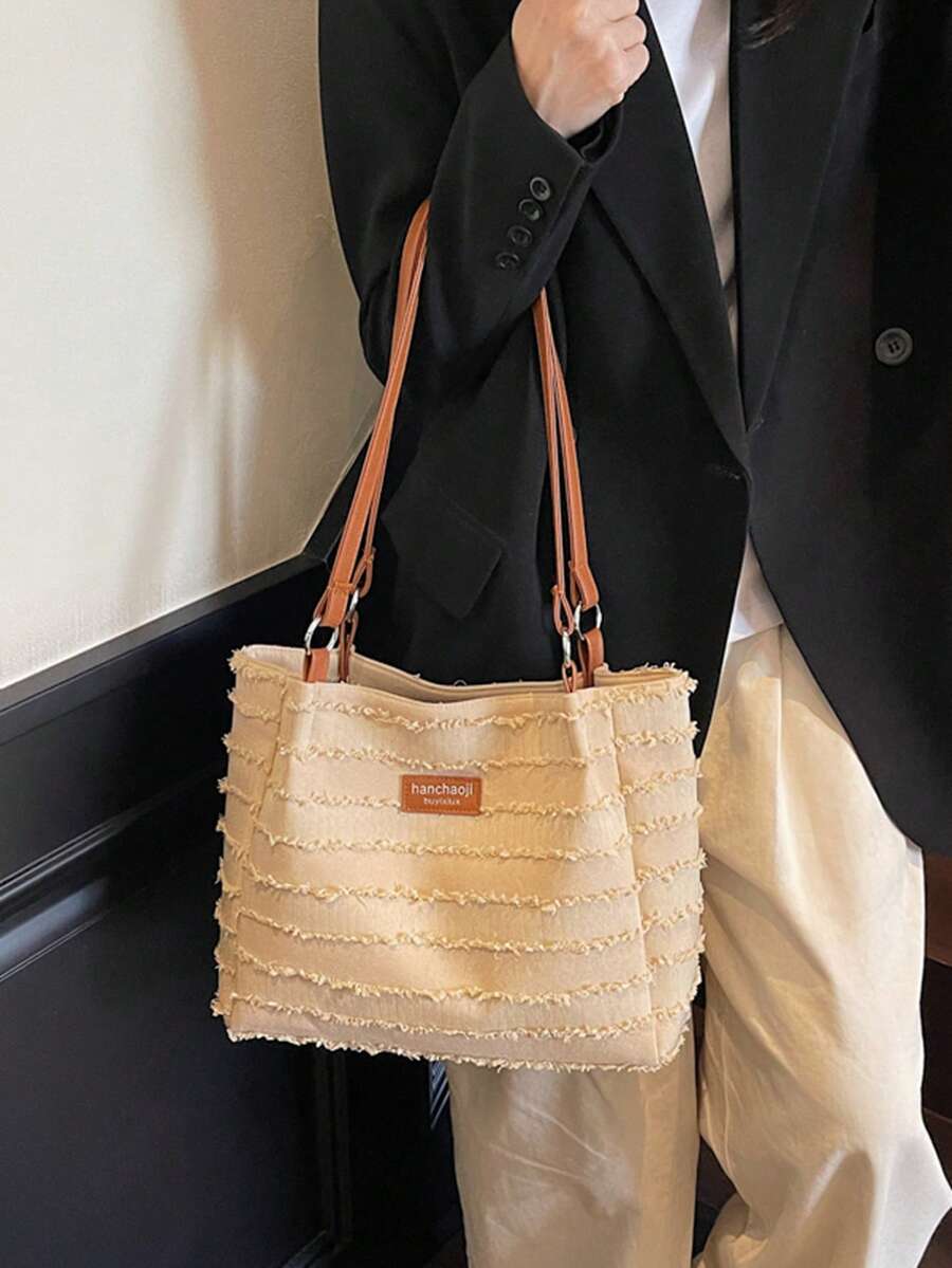 Niche Frayed Edge Canvas Commuter Versatile Large Capacity Women's New Fashion Minimalist College Student Shoulder Underarm Bag