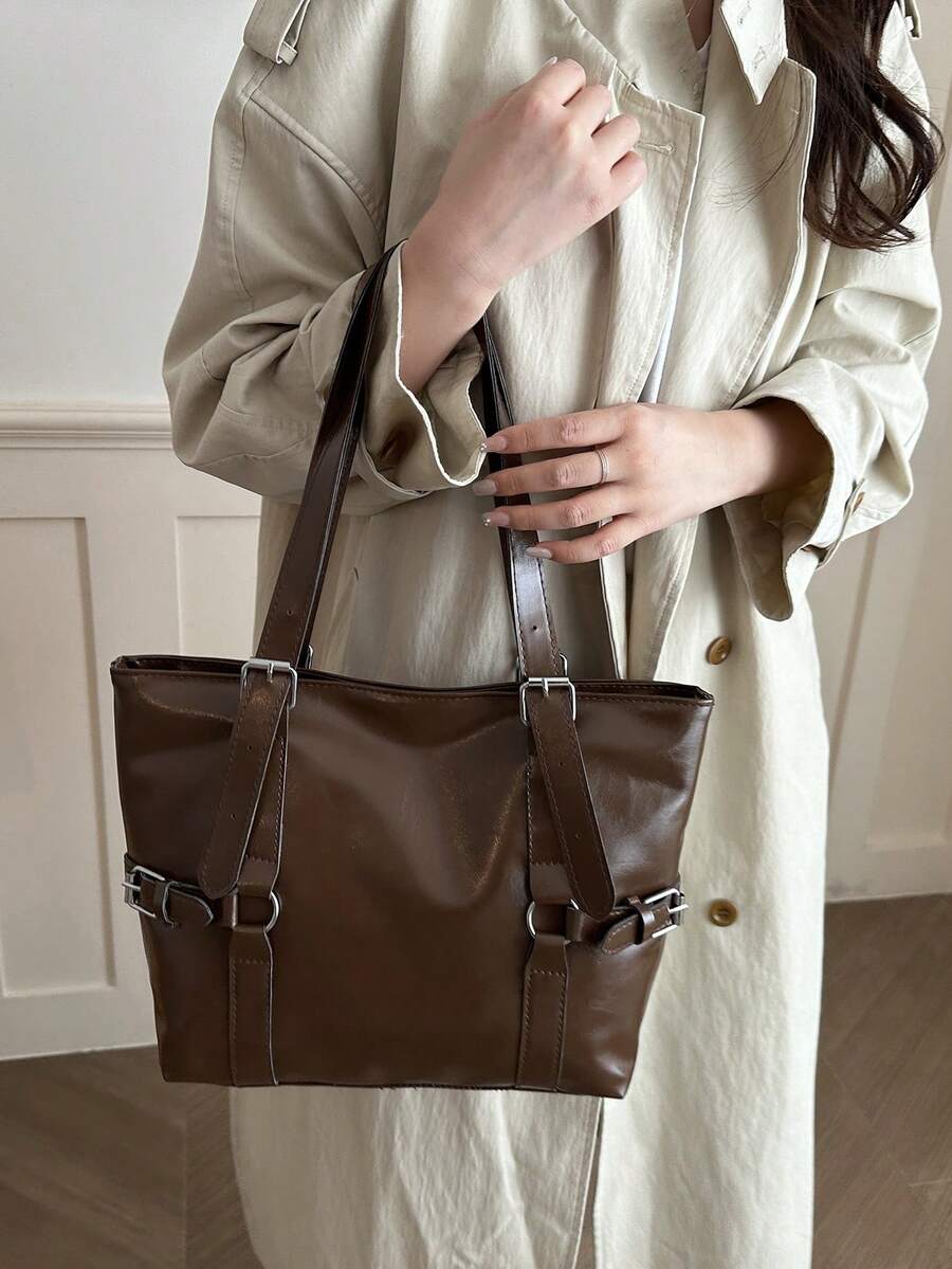 New Fashion Belt Decor Handbag & Shoulder Bag, Suitable For Parties, Gatherings, Outings, Vacations, Shopping And Daily Use, Can Store Coins, Phones, Also Suitable As Commuter Bag For White-Collar Wor