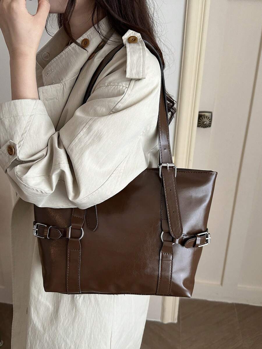 New Fashion Belt Decor Handbag & Shoulder Bag, Suitable For Parties, Gatherings, Outings, Vacations, Shopping And Daily Use, Can Store Coins, Phones, Also Suitable As Commuter Bag For White-Collar Wor