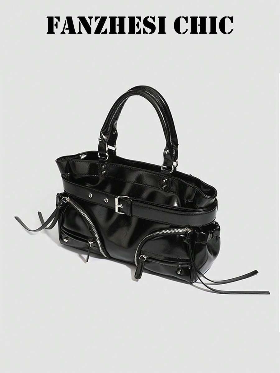 Curved Zipper Pocket Tassel Belt Strap Decor Glossy Oil Leather Large Capacity Multi-Compartment Zipper Closure Y2K Functional Utility Motorcycle Tote Bag Cool Girls Street Commute Handbag