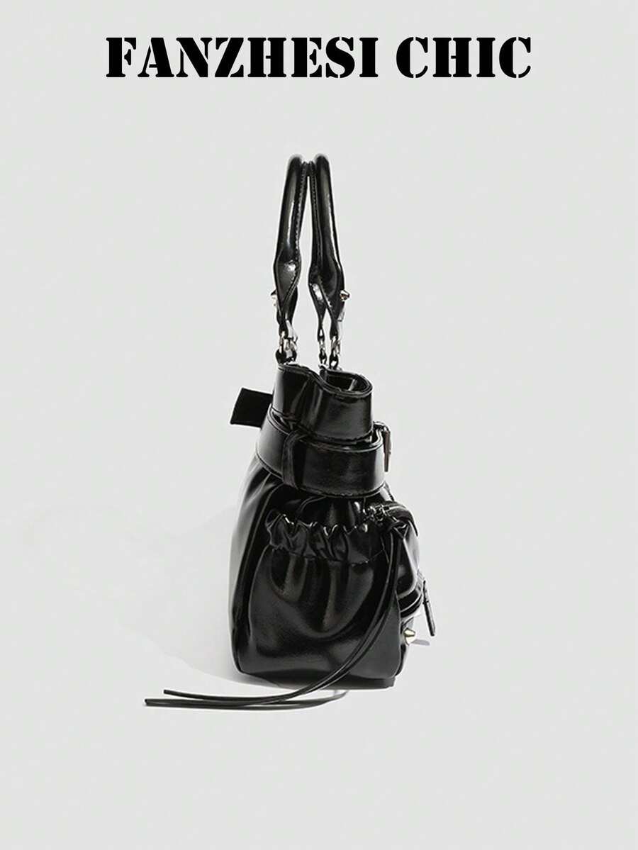 Curved Zipper Pocket Tassel Belt Strap Decor Glossy Oil Leather Large Capacity Multi-Compartment Zipper Closure Y2K Functional Utility Motorcycle Tote Bag Cool Girls Street Commute Handbag