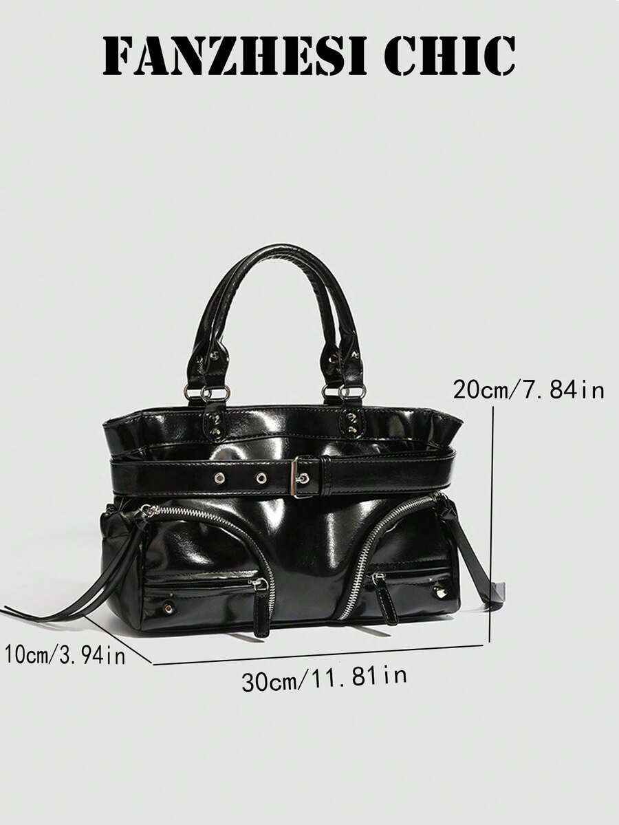 Curved Zipper Pocket Tassel Belt Strap Decor Glossy Oil Leather Large Capacity Multi-Compartment Zipper Closure Y2K Functional Utility Motorcycle Tote Bag Cool Girls Street Commute Handbag