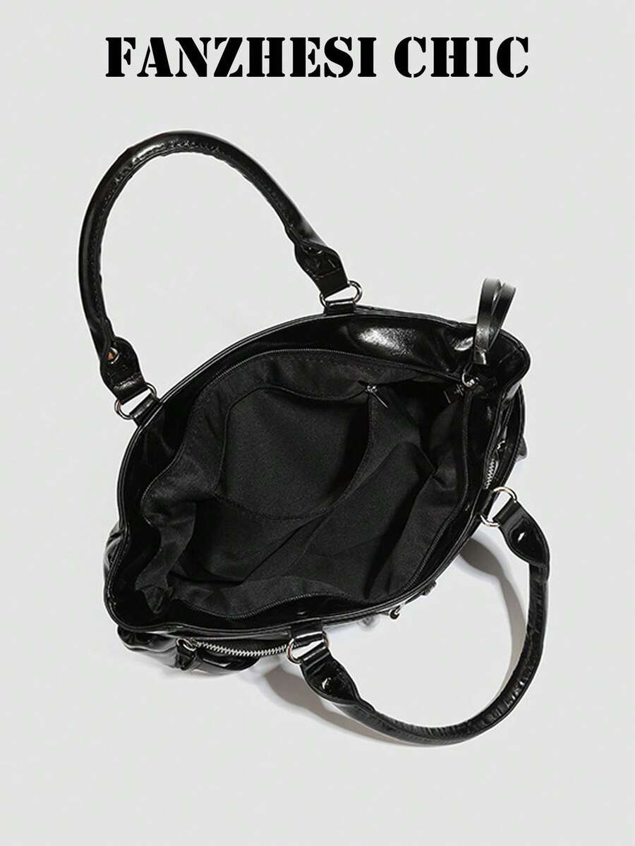 Curved Zipper Pocket Tassel Belt Strap Decor Glossy Oil Leather Large Capacity Multi-Compartment Zipper Closure Y2K Functional Utility Motorcycle Tote Bag Cool Girls Street Commute Handbag