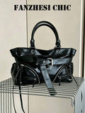Curved Zipper Pocket Tassel Belt Strap Decor Glossy Oil Leather Large Capacity Multi-Compartment Zipper Closure Y2K Functional Utility Motorcycle Tote Bag Cool Girls Street Commute Handbag