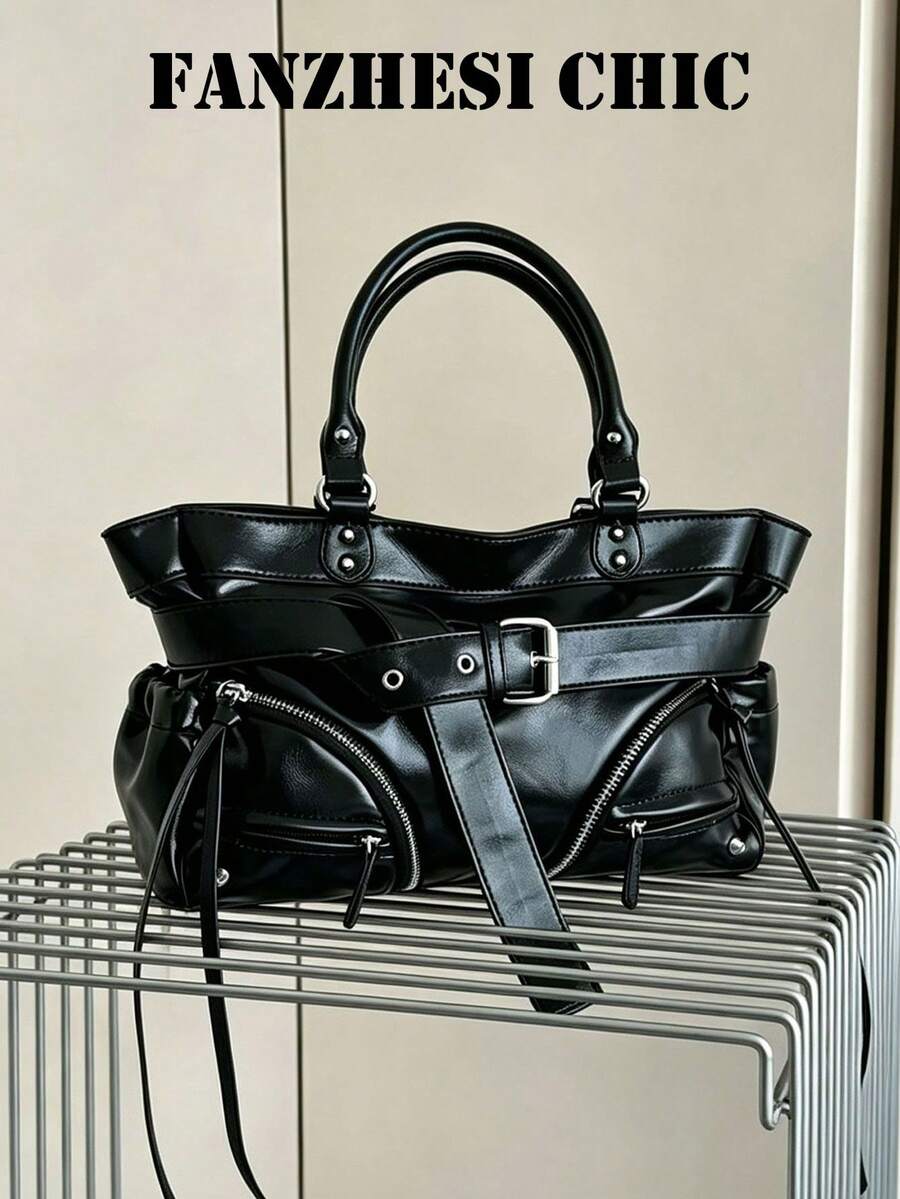 Curved Zipper Pocket Tassel Belt Strap Decor Glossy Oil Leather Large Capacity Multi-Compartment Zipper Closure Y2K Functional Utility Motorcycle Tote Bag Cool Girls Street Commute Handbag