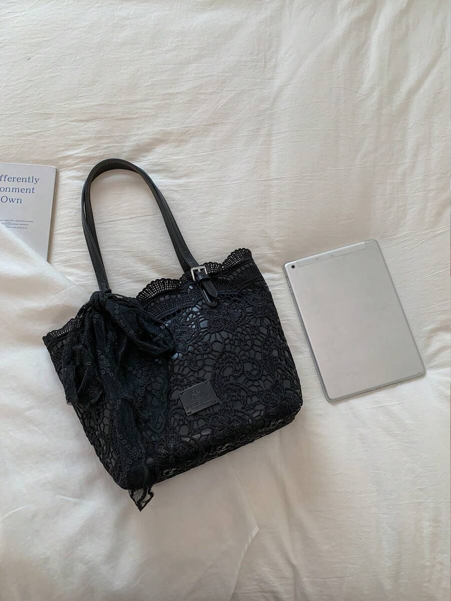 1pc Women's Solid Color Hollow Shoulder Tote Bag, Large Capacity, Summer Beach Vacation Style, Suitable For Commuting, Shopping, Vacation Use, Decorated With Scarf