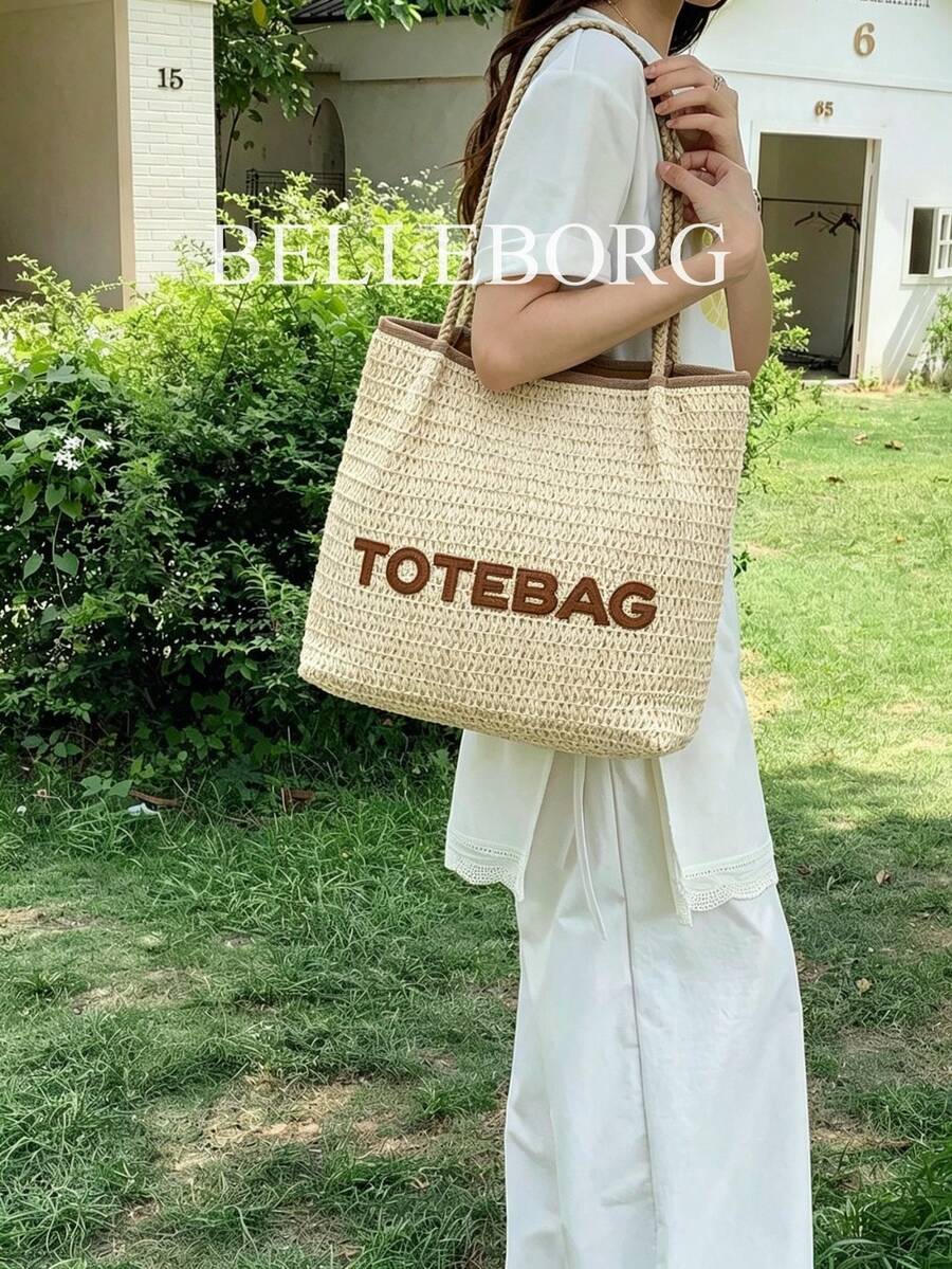 1pc Letter Decor Large Capacity Straw Woven Bag Elegant Women's Shoulder Tote Bag Suitable For Vacation Versatile Style