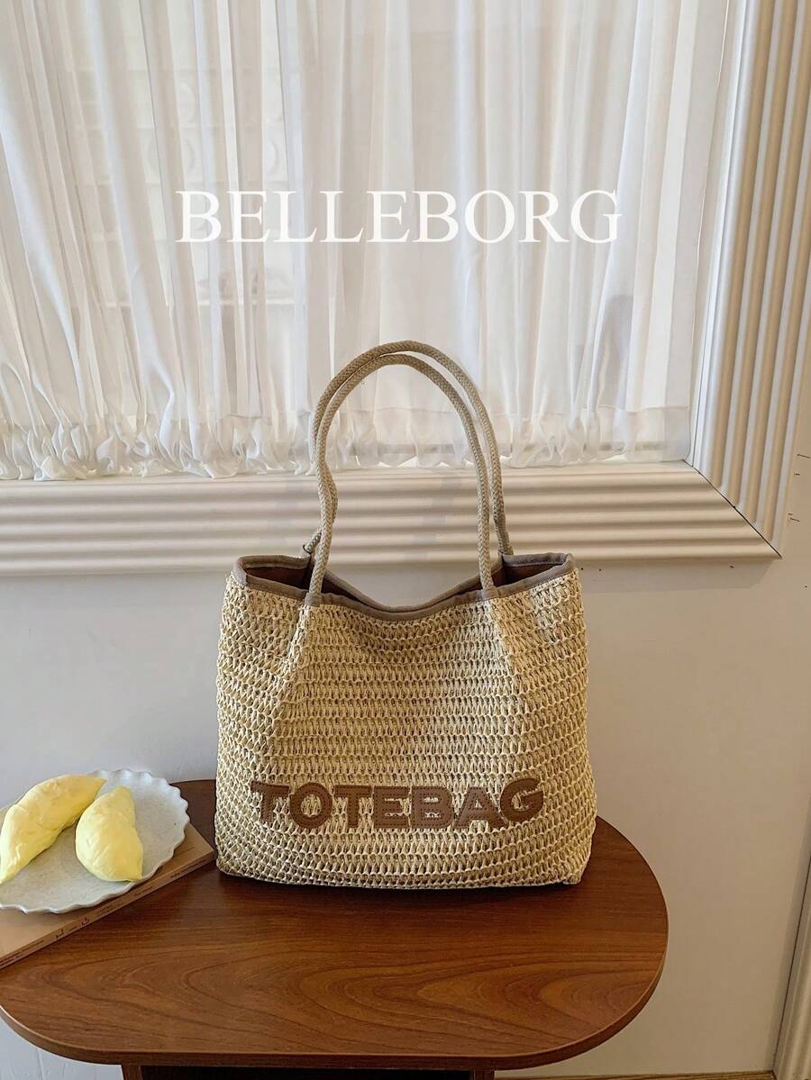 1pc Letter Decor Large Capacity Straw Woven Bag Elegant Women's Shoulder Tote Bag Suitable For Vacation Versatile Style