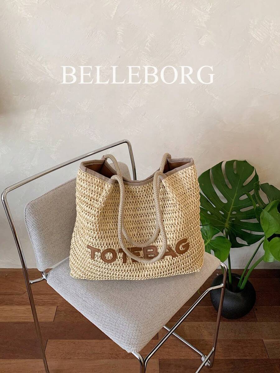 1pc Letter Decor Large Capacity Straw Woven Bag Elegant Women's Shoulder Tote Bag Suitable For Vacation Versatile Style
