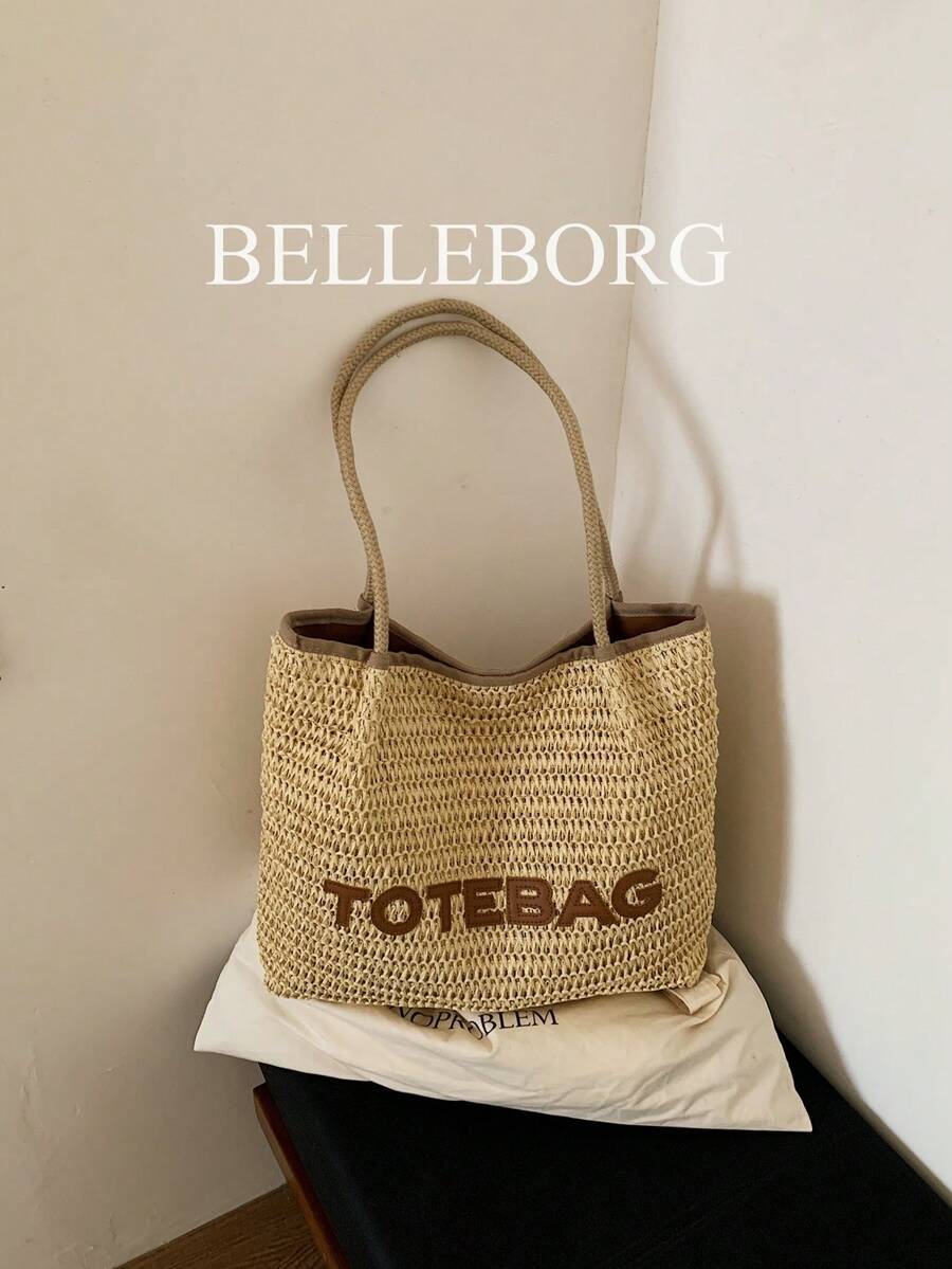 1pc Letter Decor Large Capacity Straw Woven Bag Elegant Women's Shoulder Tote Bag Suitable For Vacation Versatile Style