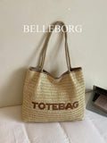 1pc Letter Decor Large Capacity Straw Woven Bag Elegant Women's Shoulder Tote Bag Suitable For Vacation Versatile Style