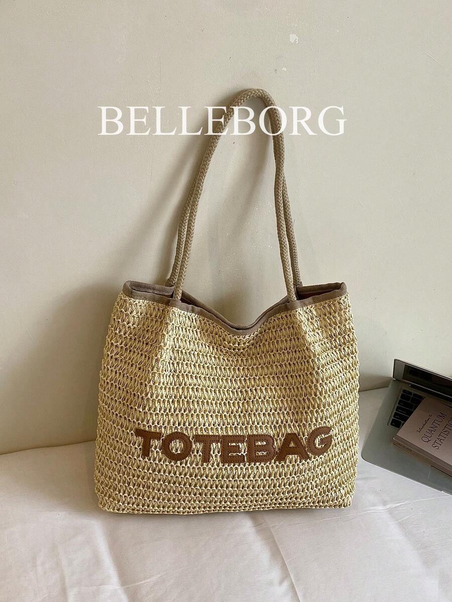 1pc Letter Decor Large Capacity Straw Woven Bag Elegant Women's Shoulder Tote Bag Suitable For Vacation Versatile Style