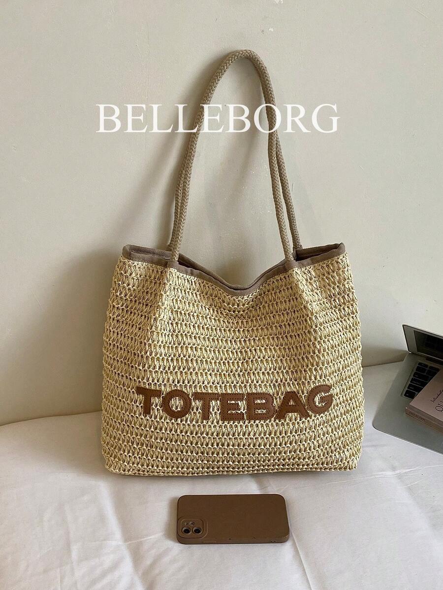 1pc Letter Decor Large Capacity Straw Woven Bag Elegant Women's Shoulder Tote Bag Suitable For Vacation Versatile Style