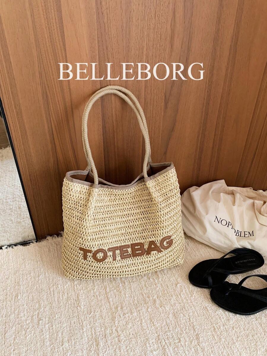 1pc Letter Decor Large Capacity Straw Woven Bag Elegant Women's Shoulder Tote Bag Suitable For Vacation Versatile Style