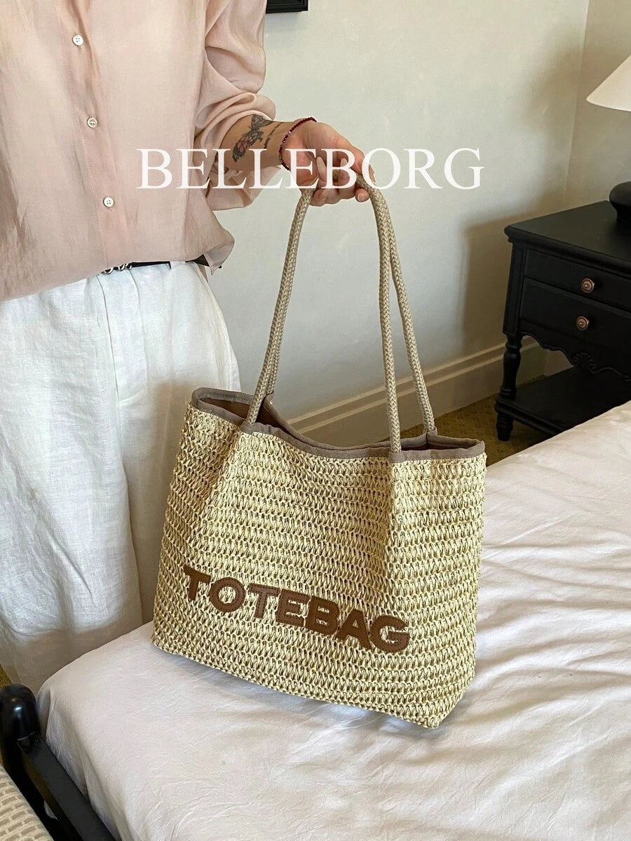 1pc Letter Decor Large Capacity Straw Woven Bag Elegant Women's Shoulder Tote Bag Suitable For Vacation Versatile Style