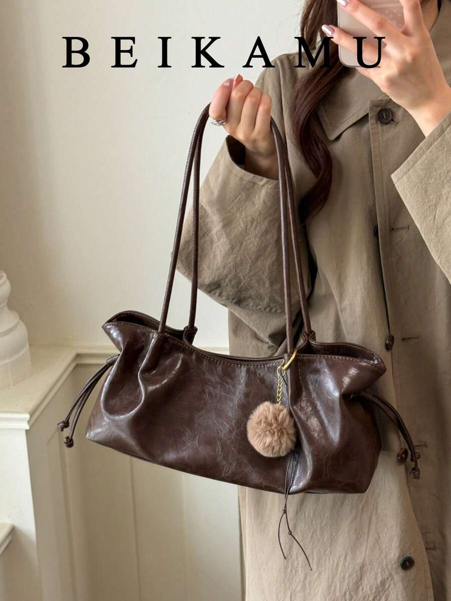 Fashionable Vintage Drawstring Baguette Underarm Bag For Women, Ruched Tote Bag, Slouchy Commuter Versatile Shoulder Small Bag, Suitable For University, Commuting, Shopping, Street Shopping, Daily Use