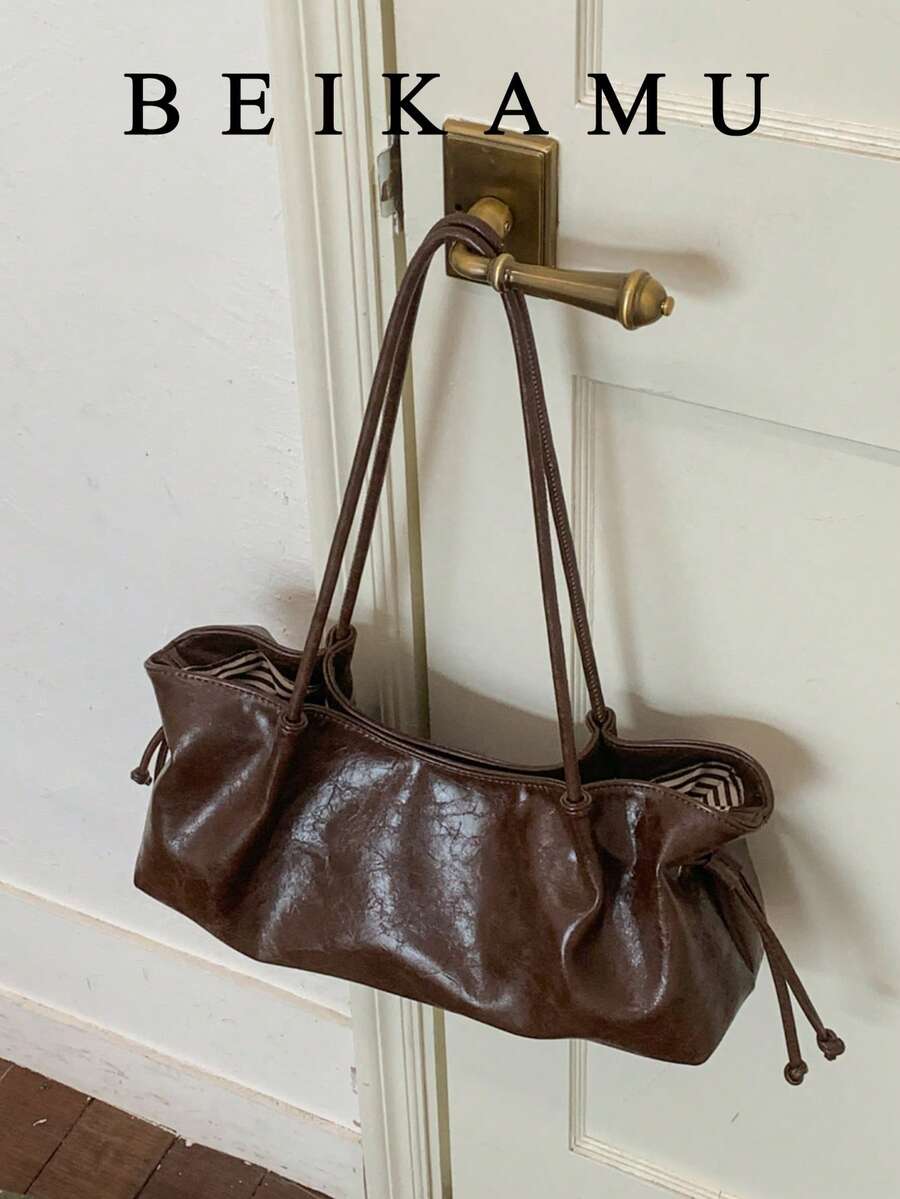 Fashionable Vintage Drawstring Baguette Underarm Bag For Women, Ruched Tote Bag, Slouchy Commuter Versatile Shoulder Small Bag, Suitable For University, Commuting, Shopping, Street Shopping, Daily Use