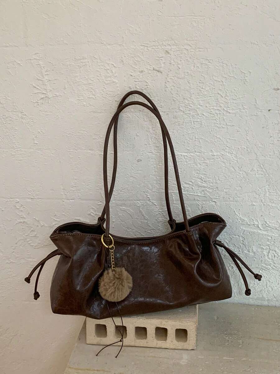 Fashionable Vintage Drawstring Baguette Underarm Bag For Women, Ruched Tote Bag, Slouchy Commuter Versatile Shoulder Small Bag, Suitable For University, Commuting, Shopping, Street Shopping, Daily Use
