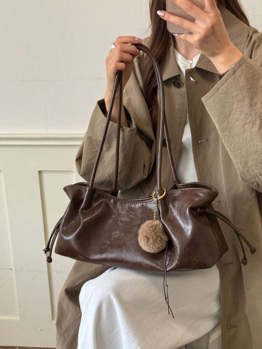 Fashionable Vintage Drawstring Baguette Underarm Bag For Women, Ruched Tote Bag, Slouchy Commuter Versatile Shoulder Small Bag, Suitable For University, Commuting, Shopping, Street Shopping, Daily Use