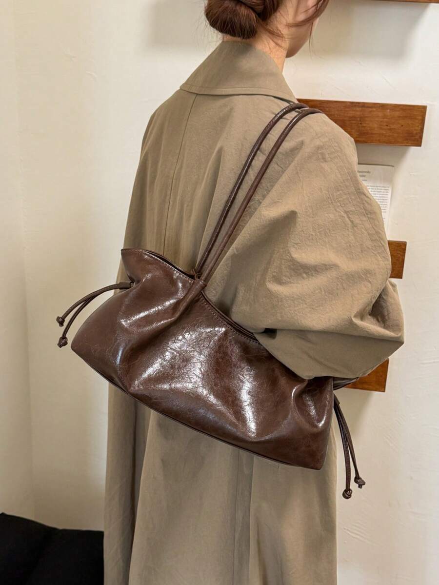 Fashionable Vintage Drawstring Baguette Underarm Bag For Women, Ruched Tote Bag, Slouchy Commuter Versatile Shoulder Small Bag, Suitable For University, Commuting, Shopping, Street Shopping, Daily Use