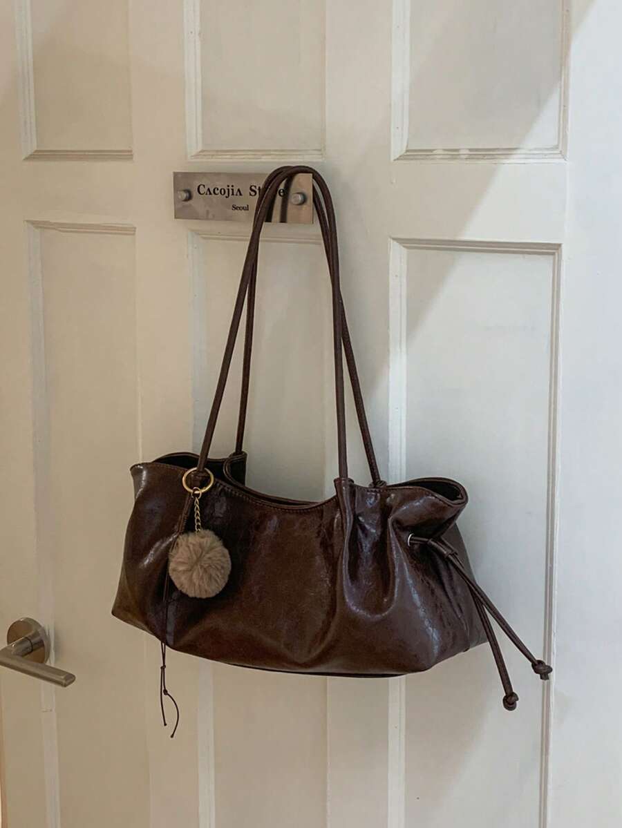 Fashionable Vintage Drawstring Baguette Underarm Bag For Women, Ruched Tote Bag, Slouchy Commuter Versatile Shoulder Small Bag, Suitable For University, Commuting, Shopping, Street Shopping, Daily Use