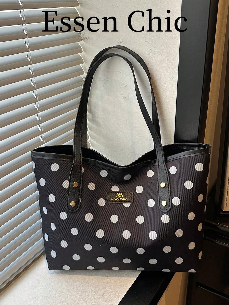 1pc Black Large Capacity Polka Dot Nylon Tote Bag Women's Shoulder Bag